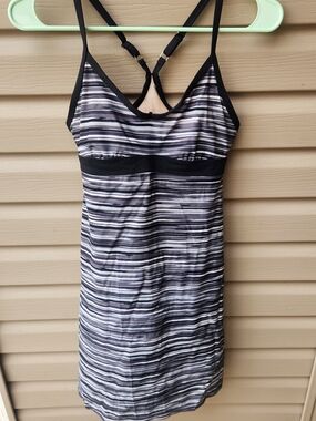 Athleta Black and White Striped Racerback Swim Dress